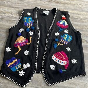B P Design Black Knit Crochet Christmas Sweater Vest L/G mittens snowflakes